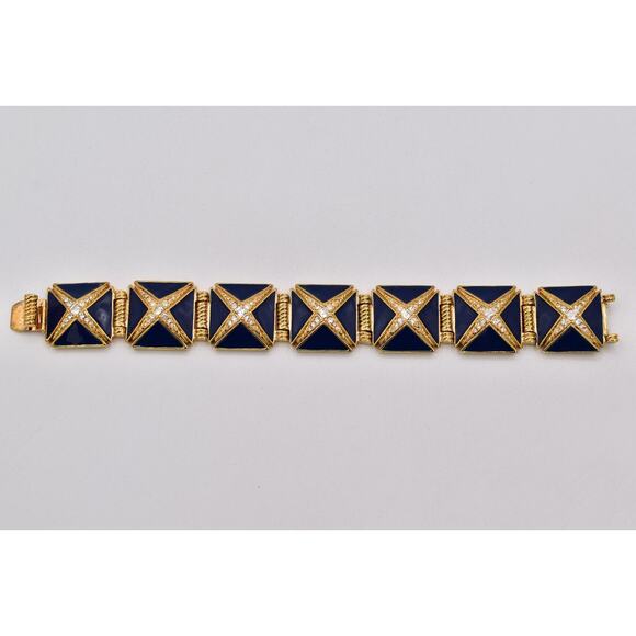Hutton Wilkinson Vintage Bracelet Blue Enamel Bracelet Gold Crystal Signed BinO - Picture 9 of 12